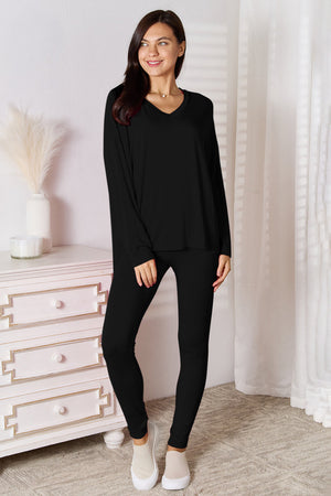Black bamboo loungewear set with V-neck top and leggings.