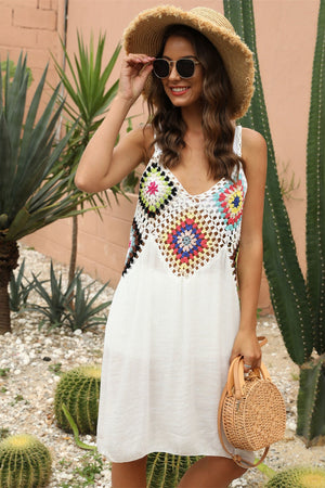 White crochet yoke cover-up dress with colorful granny squares and V-neck