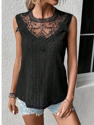 Black lace yoke sleeveless blouse with textured fabric and intricate embroidery.