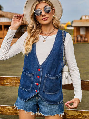 Indigo denim vest with red heart buttons and chest pockets