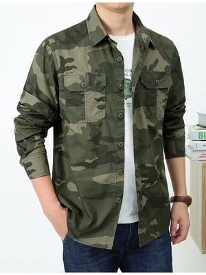 Men's Plus Size Camouflage Print Long Sleeve Shirt in Army Green, side view