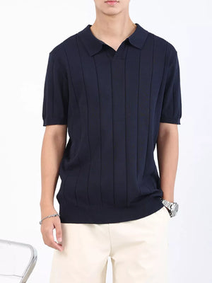 Men's navy ribbed knit short sleeve polo shirt with vertical stripes.