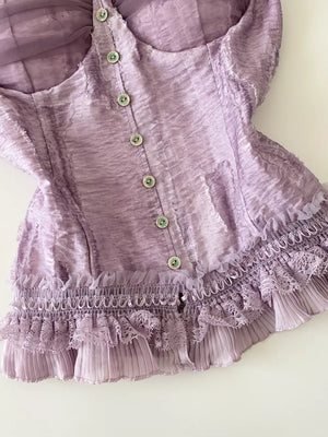 Purple lace ruffle hem tank top with button front and textured fabric.