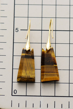 Tiger's Eye trapezoid drop earrings with gold hooks, boho style.
