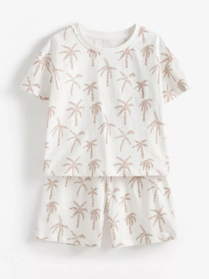 Toddler cotton blend palm print pajama set with short sleeves and shorts.
