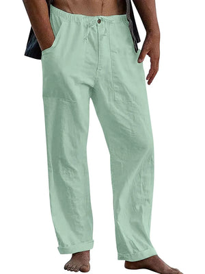 Full-Size Relaxed Linen Drawstring Trousers in Sky Blue with pockets and cuffed hems.