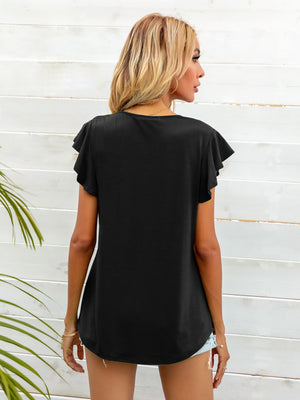 Black A-line tee with ruffled short sleeves and a scoop neckline.
