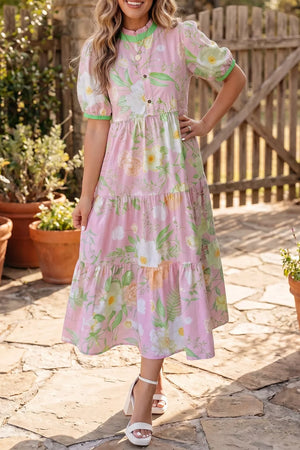 Pink floral tiered midi dress with puff sleeves and green trim