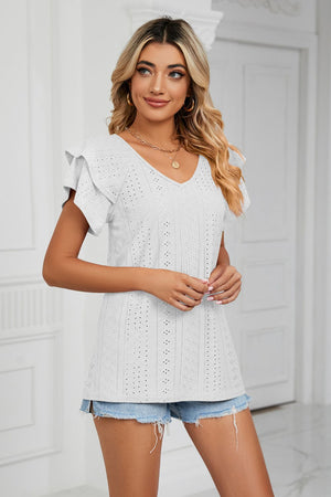 White eyelet knit blouse with V-neck and flutter sleeves