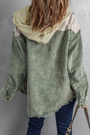 Colorblock corduroy hooded utility jacket in Sage with frayed hem.
