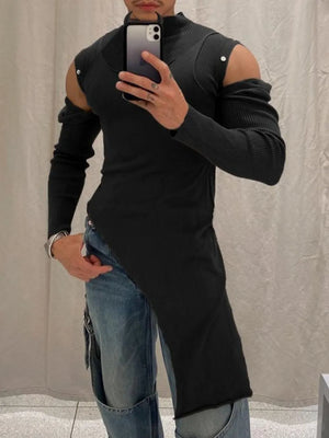 Black ribbed cutout top with detachable sleeves and asymmetric hem