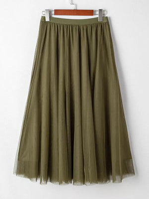 Army green tulle A-line midi skirt with elastic waistband and pleated detail.