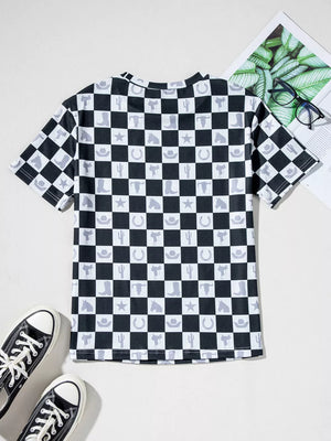 Western Checkerboard Print Side Split T-shirt in Black, alternate angle