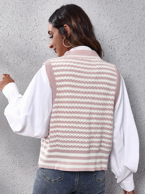 Dusty Pink striped knit vest with mock neck, acrylic material.