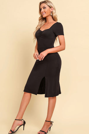 Black ruched bust midi dress with short sleeves and thigh slit