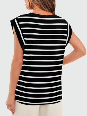 Black and white striped sleeveless tank top with shoulder detail.