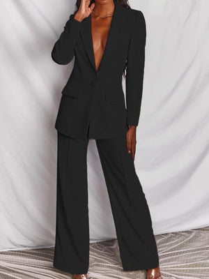 One Button Blazer And Wide-leg Pants Set Plus Size in Brown, back view