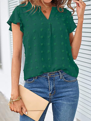 Dark green flutter sleeve Swiss dot blouse with V-neck