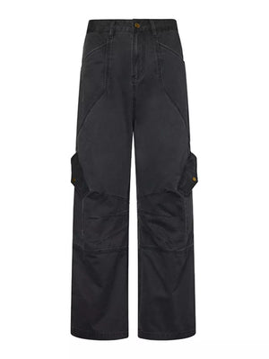 Relaxed fit dark gray cargo sweatpants for men with multiple pockets.