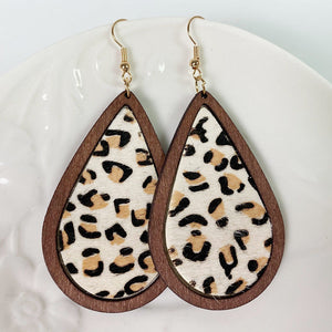 Leopard print teardrop wood earrings with gold hooks