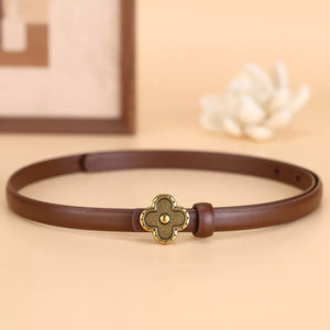 Brown leather belt with antique gold clover buckle