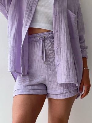 Lavender textured gauze shirt and shorts set with drawstring waist.