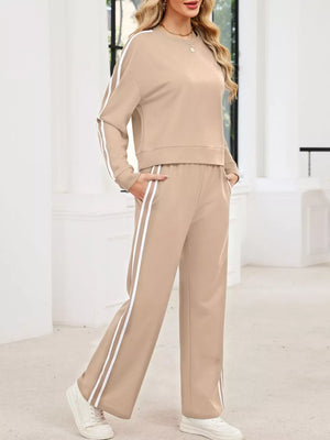 Striped Round Neck Sweatshirt And Pants Set in Black, side view