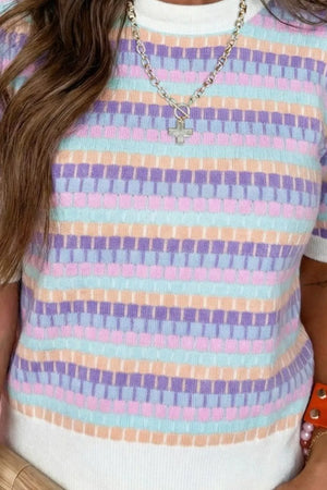 Pastel abstract striped knit sweater with short sleeves and crew neck.