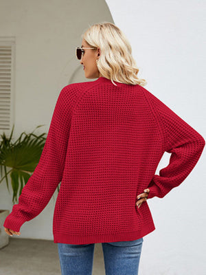 Deep Red waffle knit cardigan with long sleeves and a crew neck.