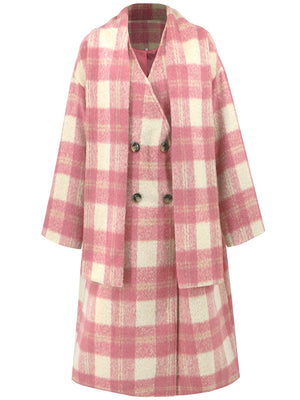 Pink purple plaid cocoon coat with double buttons and matching scarf.