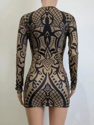 Abstract Print Long Sleeve Mini Dress in Multicolor, model styling view