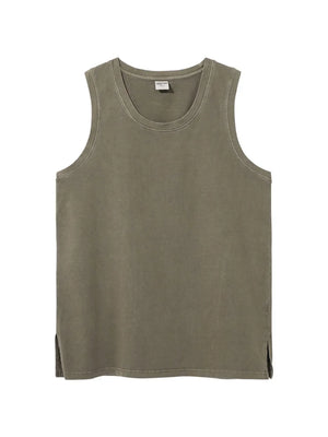 Relaxed slit hem tank top in olive brown with a crew neck and sleeveless design.