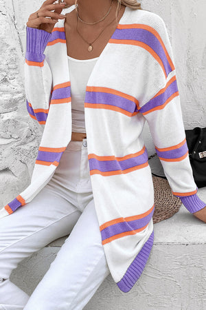 Colorblock stripe knit cardigan with open front and long sleeves in multicolor.