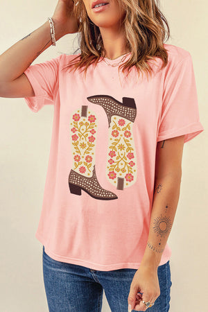 Western boot graphic tee in watermelon pink with floral print boots.