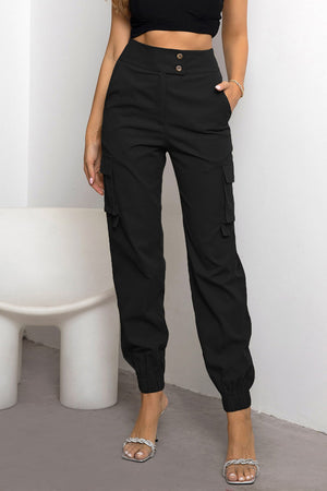 Black utility cargo jogger trousers with elastic cuffs and multiple pockets.