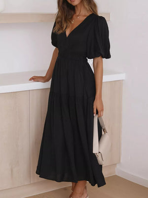 Elegant Puff Sleeve V-neck Midi Dress in Black, alternate angle