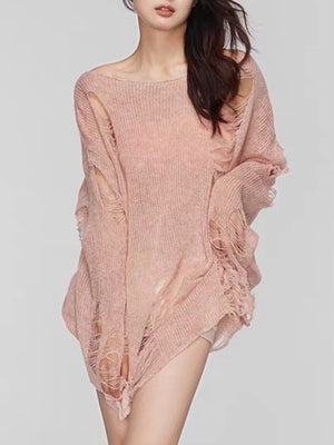 Ripped knit oversized beach pullover in watermelon pink with boat neck and distressed details.