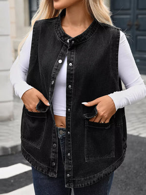 Black washed denim vest with band collar, button front, and chest pockets.
