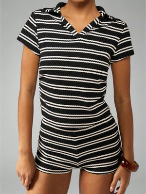 Chic striped knit two-piece set with polo collar and short sleeves in black stripes.