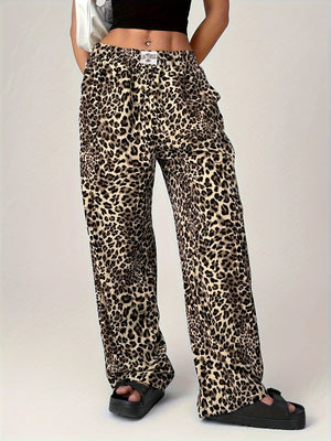 Leopard print palazzo lounge trousers with a relaxed fit and elastic waistband.