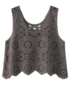 Crochet medallion tank top in dark gray acrylic with scalloped hem and neckline