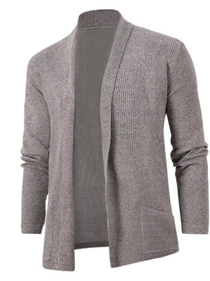 Men's gray open-front ribbed knit cardigan with pockets