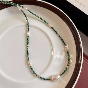 Elegant freshwater pearl and malachite beaded necklace with gold accents