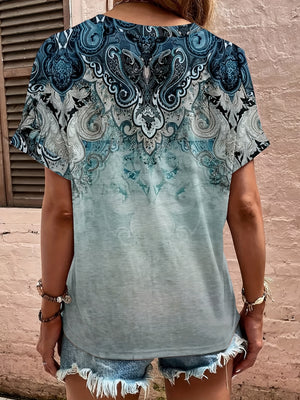 Bohemian tapestry blouse in French Blue with short sleeves and a gradient print.