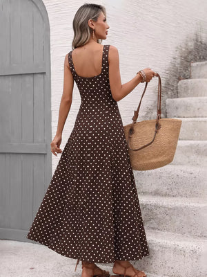 Brown polka dot maxi dress with square neckline and wide straps, shown from the back.