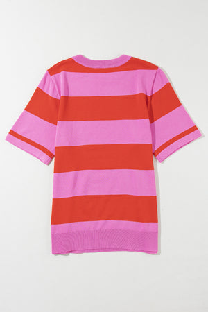 Striped knit tee with short sleeves in hot pink and red, featuring a crew neck.