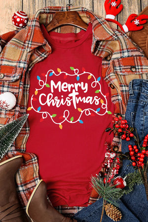 Red crew neck t-shirt with white Merry Christmas text and colorful string lights graphic.
