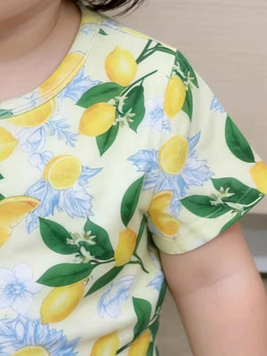 Toddler yellow crew neck tee with lemon and floral print