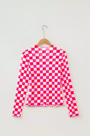 Plaid Heart Mesh Sheer Long Sleeve Top, back view