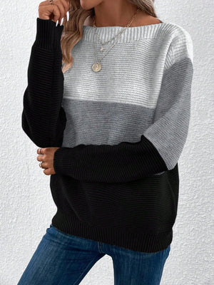 Colorblock ribbed knit sweater with boatneck in black, light gray, and white.